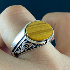 Oval Tiger Eye 925 Sterling Silver Handmade Men Ring