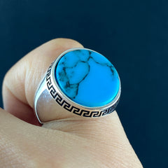 Round Turquoise Stone 925 Sterling Silver Men Ring