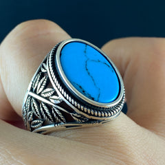 Oval Turquoise Stone 925 Solid Silver Handmade Men Ring