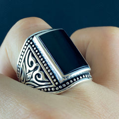 Large Black Onyx Stone 925 Solid Silver Men Ring