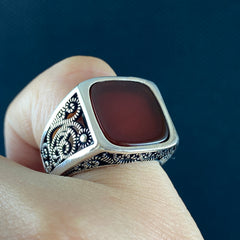 Red Agate Gemstone 925 Sterling Silver Men Ring