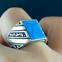 Square Blue Turquoise Gemstone 925 Sterling Silver Men Ring