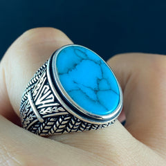 Oval Blue Turquoise Stone 925 Solid Silver Men Ring