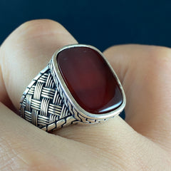 Red Agate Stone 925 Sterling Silver Handmade Men Ring