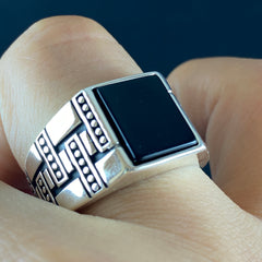 Square Onyx Black Stone 925 Sterling Silver Men Ring