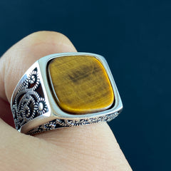 Brown Tiger Eye Stone 925 Sterling Silver Men Ring