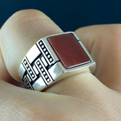 Square Red Agate Stone 925 Sterling Silver Ring