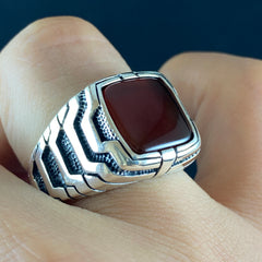 Red Agate Gemstone 925 Solid Silver Men Ring