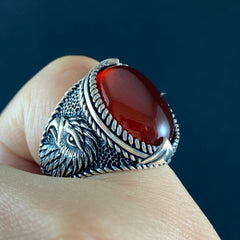 Eagle Head Red Stone 925 Sterling Silver Ring For Men