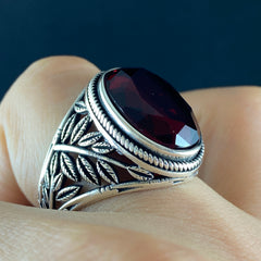 Oval Red Ruby Gemstone 925 Sterling Silver Men Ring