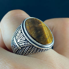 Oval Brown Tiger Eye Gemstone 925 Sterling Silver Ring