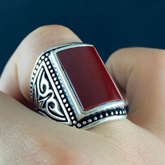 Large Red Agate Stone 925 Sterling Silver Ring