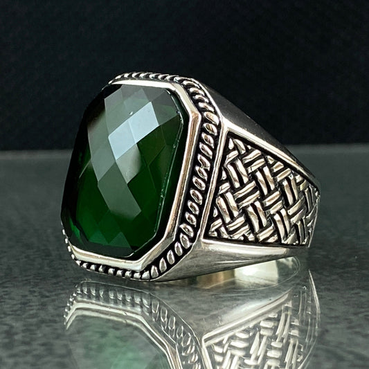 Green Emerald 925 Solid Silver Men Ring