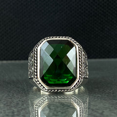 Green Emerald 925 Solid Silver Men Ring