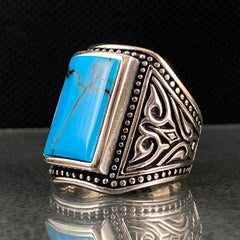 Large Blue Turquoise Stone 925 Solid Silver Men Ring