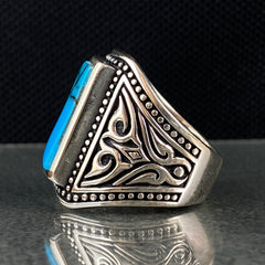 Large Blue Turquoise Stone 925 Solid Silver Men Ring