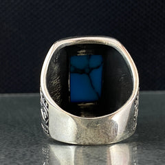 Large Blue Turquoise Stone 925 Solid Silver Men Ring