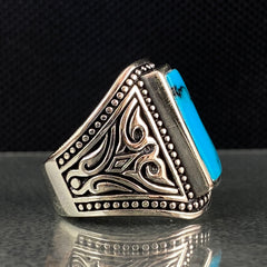 Large Blue Turquoise Stone 925 Solid Silver Men Ring