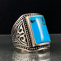 Large Blue Turquoise Stone 925 Solid Silver Men Ring