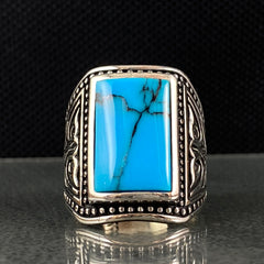 Large Blue Turquoise Stone 925 Solid Silver Men Ring