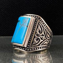 Large Blue Turquoise Stone 925 Solid Silver Men Ring