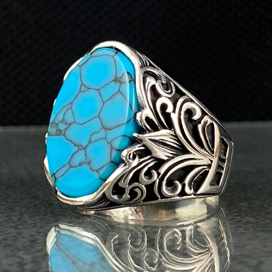 Oval Blue Turquoise Stone 925 Sterling Silver Men Ring