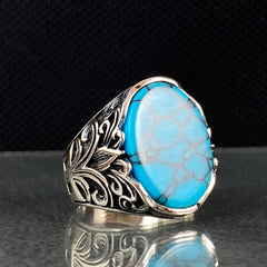 Oval Blue Turquoise Stone 925 Sterling Silver Men Ring