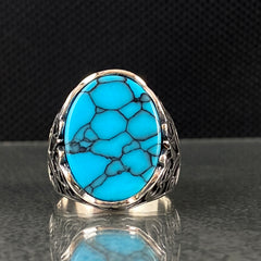 Oval Blue Turquoise Stone 925 Sterling Silver Men Ring