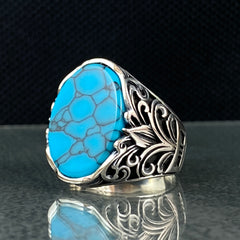 Oval Blue Turquoise Stone 925 Sterling Silver Men Ring