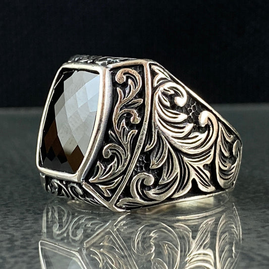 Hand Engraved 925 Sterling Silver Black Onyx Stone Ring