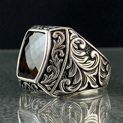 Hand Engraved 925 Sterling Silver Black Onyx Stone Ring