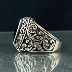 Hand Engraved 925 Sterling Silver Black Onyx Stone Ring