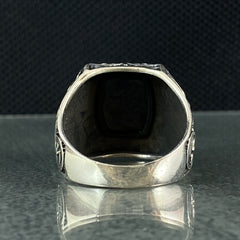 Hand Engraved 925 Sterling Silver Black Onyx Stone Ring