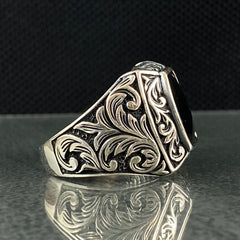 Hand Engraved 925 Sterling Silver Black Onyx Stone Ring