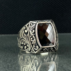 Hand Engraved 925 Sterling Silver Black Onyx Stone Ring