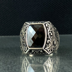 Hand Engraved 925 Sterling Silver Black Onyx Stone Ring