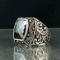 Hand Engraved 925 Sterling Silver Black Onyx Stone Ring