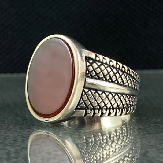 Oval Red Agate Stone 925 Sterling Silver Men Ring