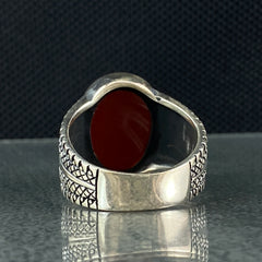 Oval Red Agate Stone 925 Sterling Silver Men Ring