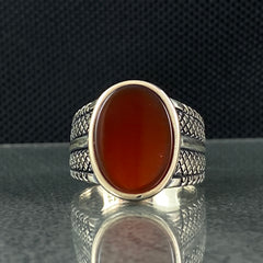 Oval Red Agate Stone 925 Sterling Silver Men Ring