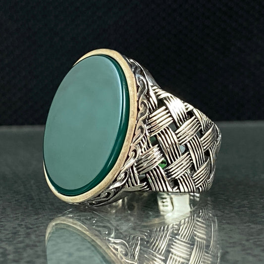 Oval Green Agate Stone 925 Sterling Silver Men Ring