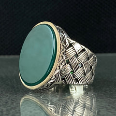 Oval Green Agate Stone 925 Sterling Silver Men Ring