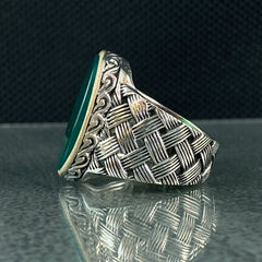 Oval Green Agate Stone 925 Sterling Silver Men Ring