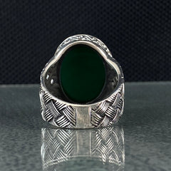 Oval Green Agate Stone 925 Sterling Silver Men Ring