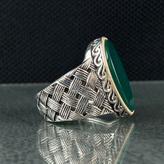 Oval Green Agate Stone 925 Sterling Silver Men Ring