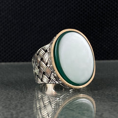 Oval Green Agate Stone 925 Sterling Silver Men Ring