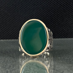 Oval Green Agate Stone 925 Sterling Silver Men Ring