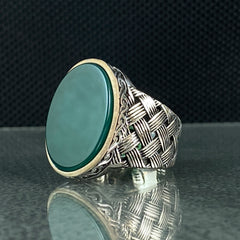 Oval Green Agate Stone 925 Sterling Silver Men Ring