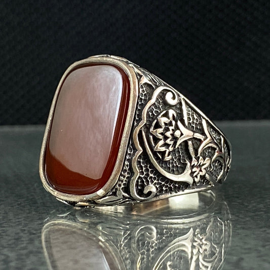 Red Agate Gemstone 925 Sterling Silver Men Ring