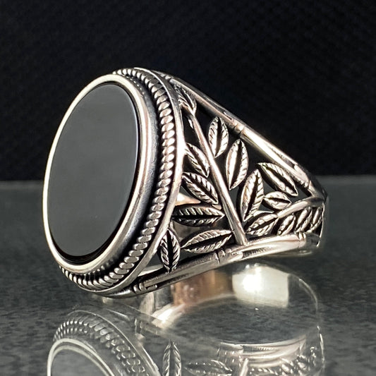 Oval Black Onyx Gemstone 925 Sterling Silver Men Ring